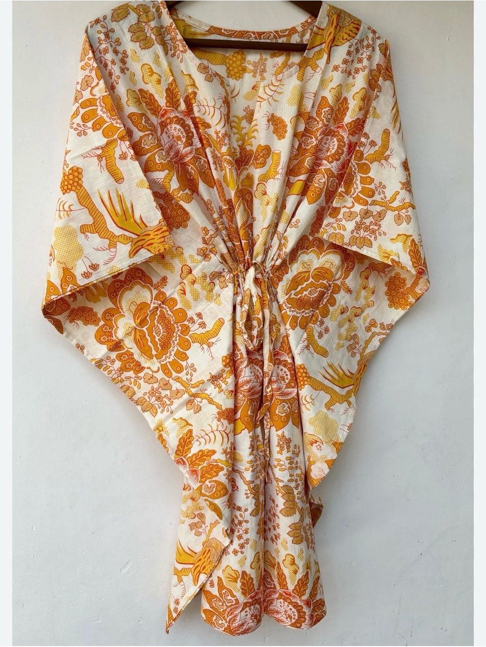 0175 Boho Floral Drawstring Tunic - Cream with Mustard & Orange Print